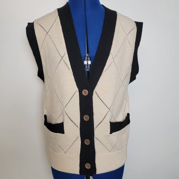 Gemma+Jane Womens Cream/Black Sleeveless Vneck Button Diamond Pattern Cardigan M - Picture 1 of 11